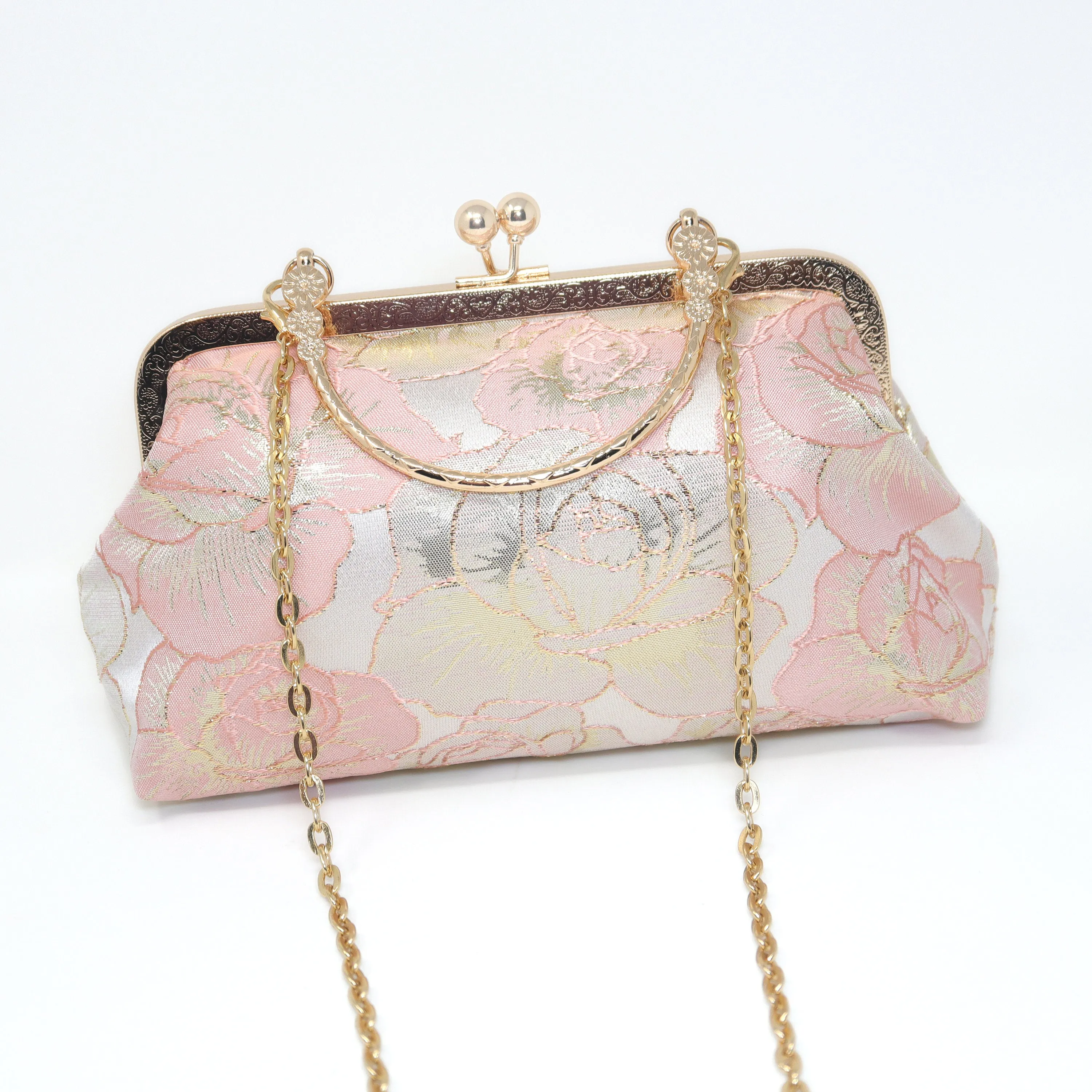 Light Pink Shimmering Gold Rose Floral Wedding Bag, Statement Bag, Evening Clutch, Wedding Clutch, Bridal Clutch, White Cross Body Bag