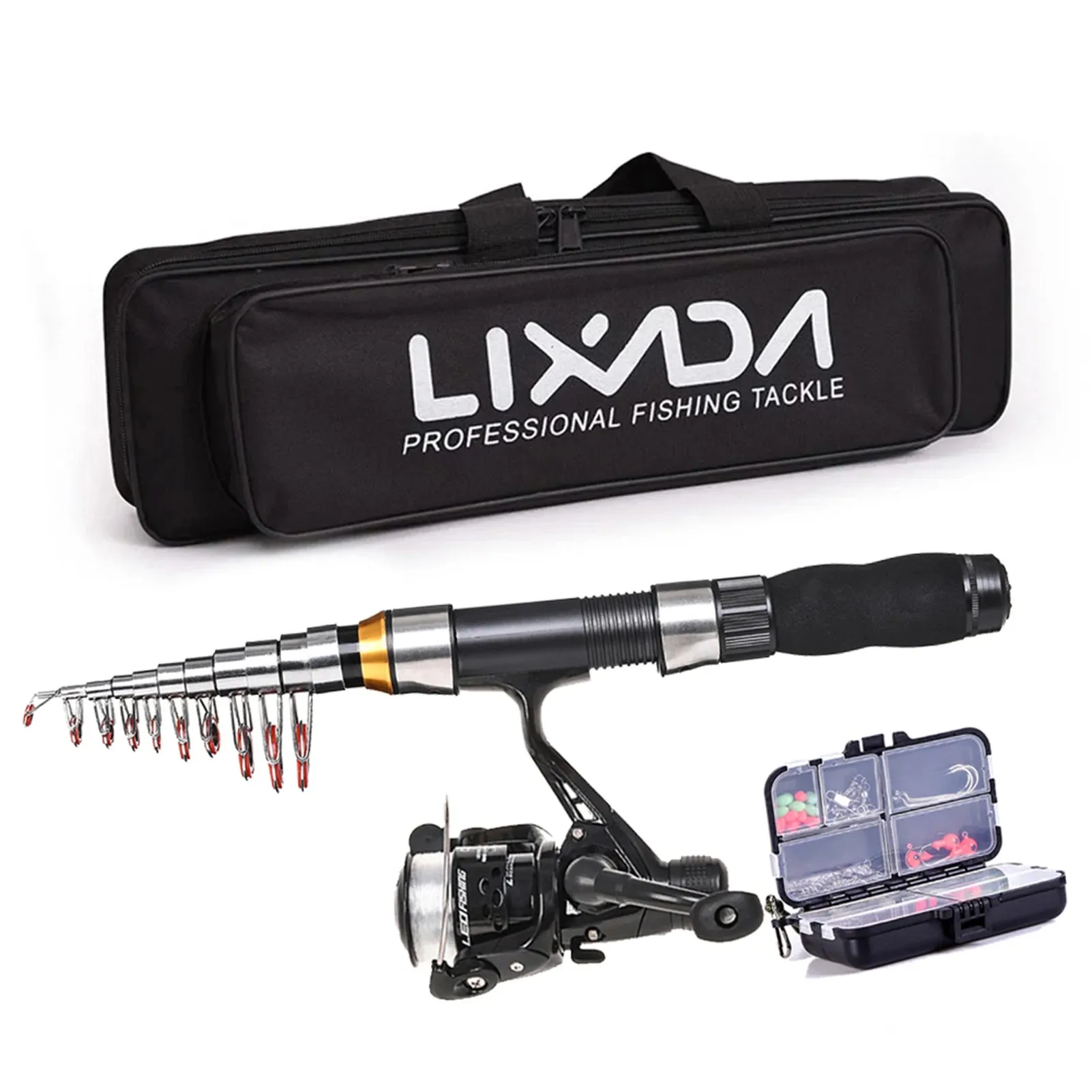 Lixada Fishing Rod Reel Combo Full Kit with 2.1m 2.3m Telescopic Fishing Rods 2PCS Spinning Reels Set with Hooks Soft Lures