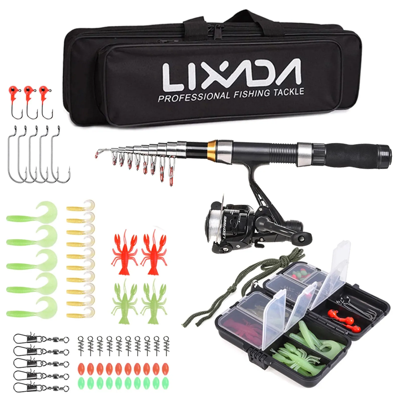 Lixada Fishing Rod Reel Combo Full Kit with 2.1m 2.3m Telescopic Fishing Rods 2PCS Spinning Reels Set with Hooks Soft Lures