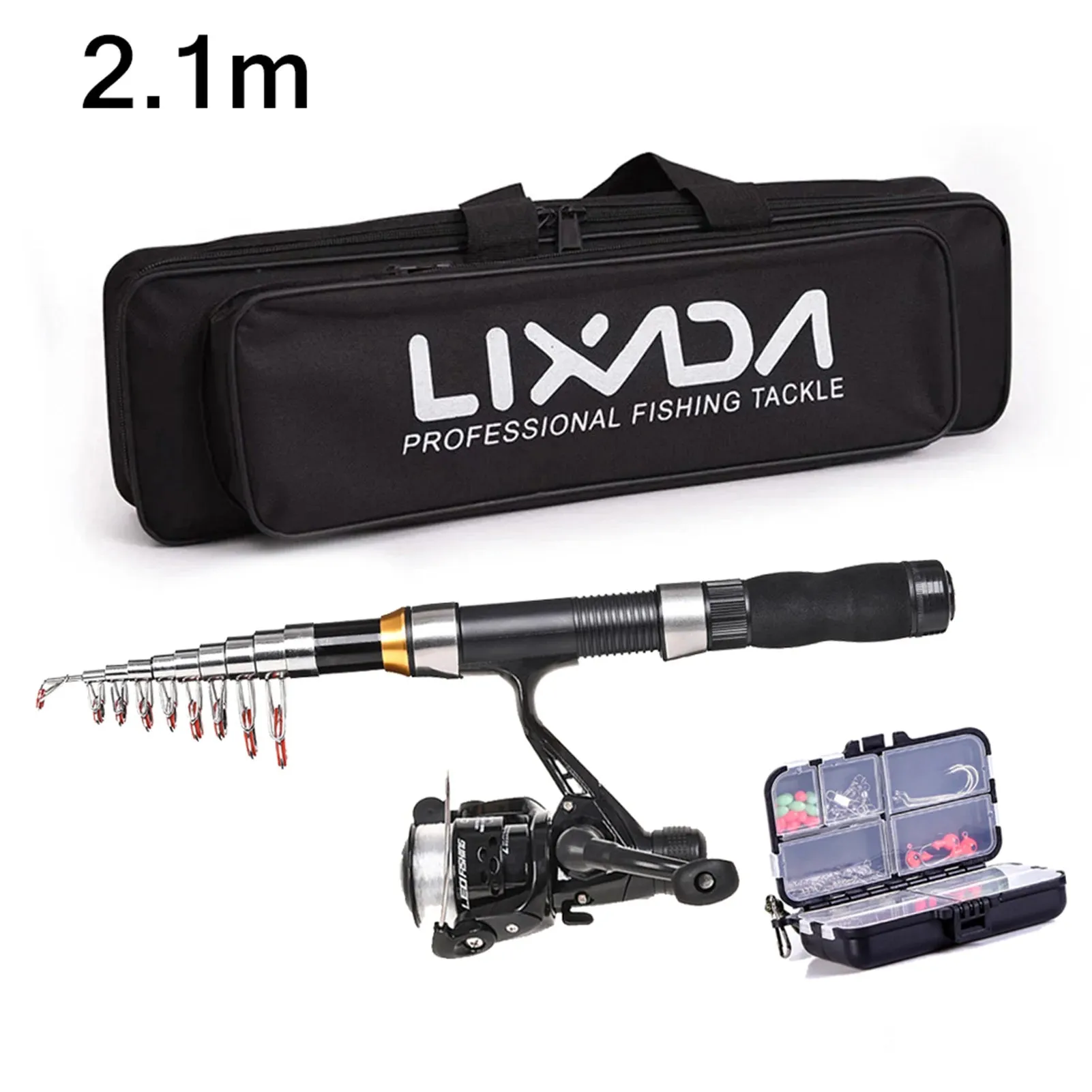 Lixada Fishing Rod Reel Combo Full Kit with 2.1m 2.3m Telescopic Fishing Rods 2PCS Spinning Reels Set with Hooks Soft Lures