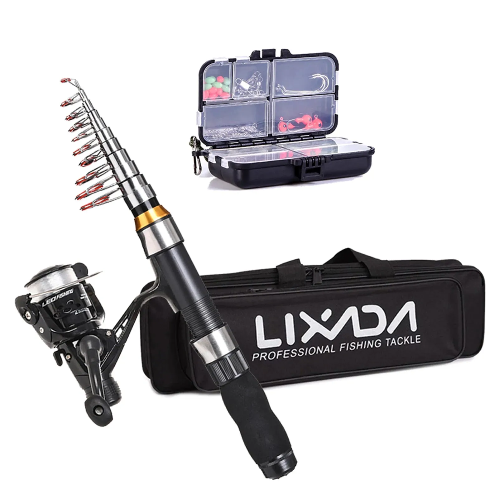 Lixada Fishing Rod Reel Combo Full Kit with 2.1m 2.3m Telescopic Fishing Rods 2PCS Spinning Reels Set with Hooks Soft Lures