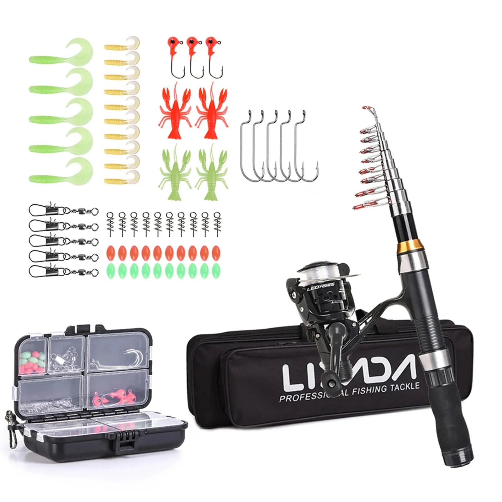 Lixada Fishing Rod Reel Combo Full Kit with 2.1m 2.3m Telescopic Fishing Rods 2PCS Spinning Reels Set with Hooks Soft Lures