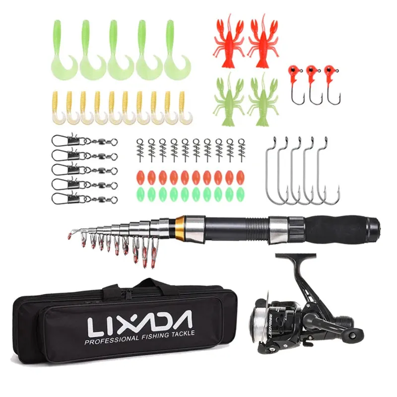 Lixada Fishing Rod Reel Combo Full Kit with 2.1m 2.3m Telescopic Fishing Rods 2PCS Spinning Reels Set with Hooks Soft Lures