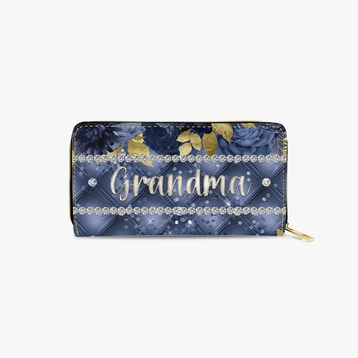 Long Type Zipper Purse - Navy Blue Floral - Grandma