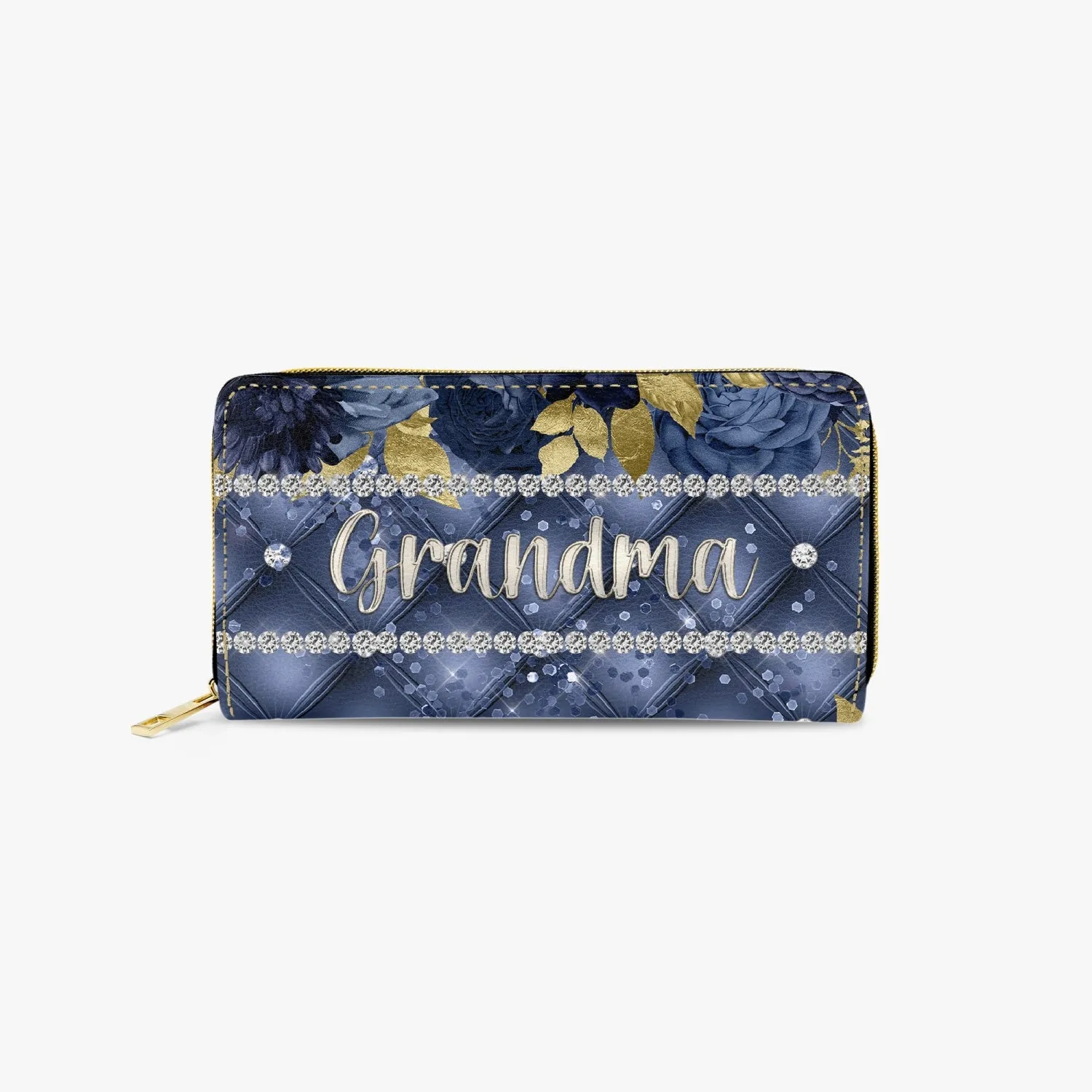 Long Type Zipper Purse - Navy Blue Floral - Grandma