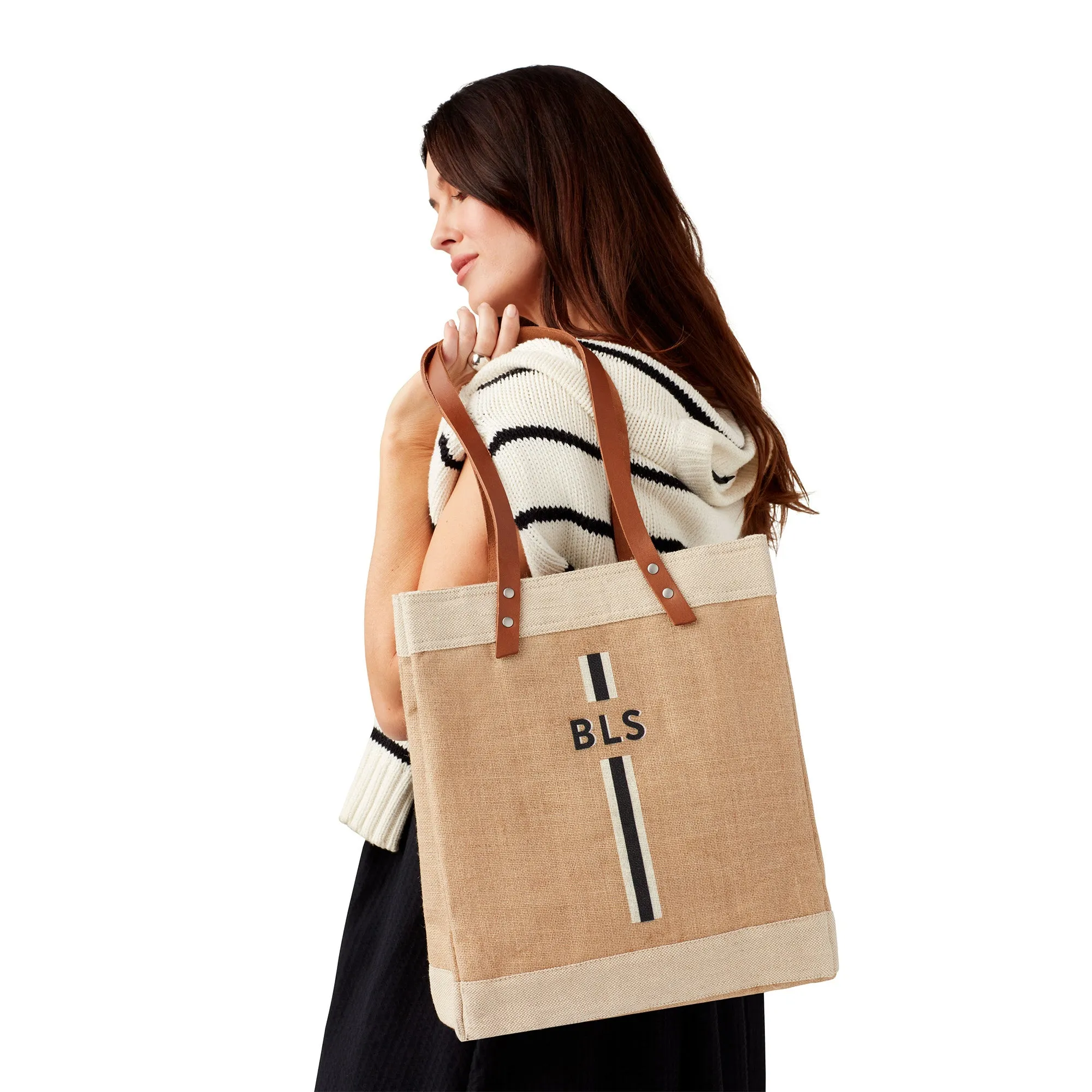 Market Tote in Natural with Black Monogram