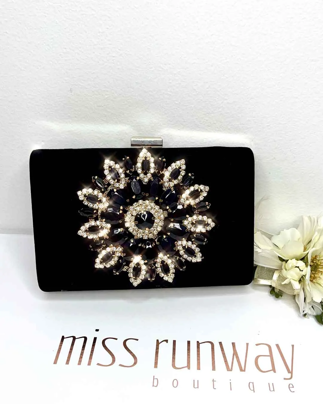 Maya Jewel Velvet Clutch - Black