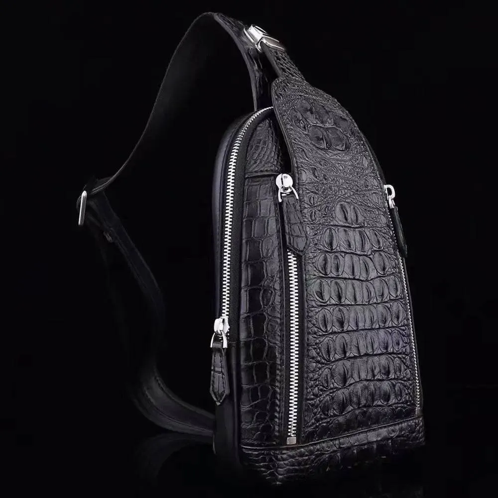 Men's Crocodile Leather Chest Sling Cross Body Day Packs Black