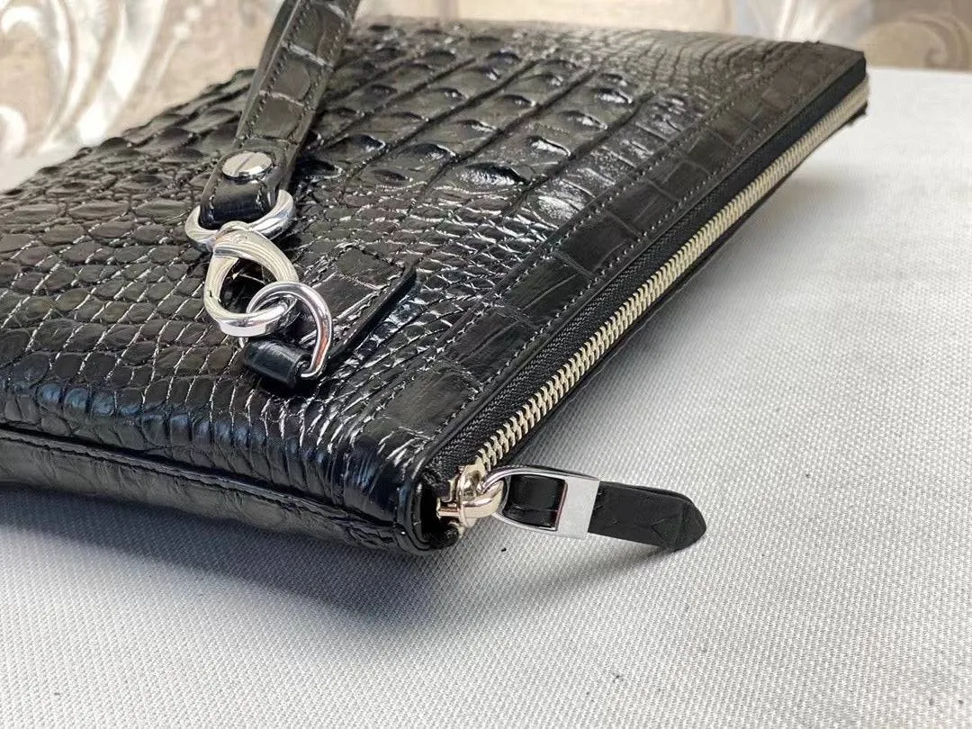 Mens Genuine Crocodile Skin Leather Clutch With Wrist Strap Black Bone Leather