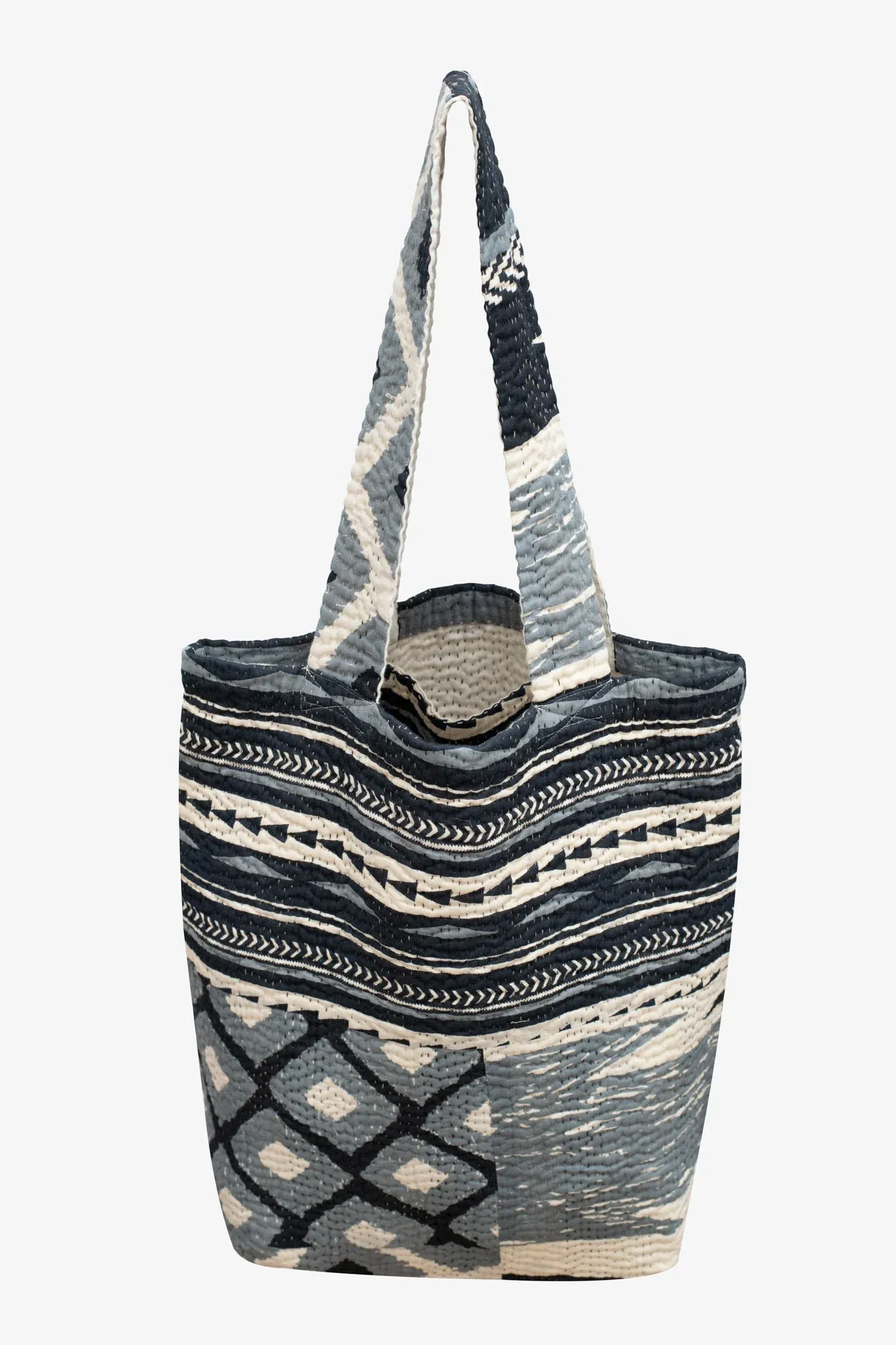 Monotone Ikat Handmade Vintage Kantha Tote Bag -Monotone Black-