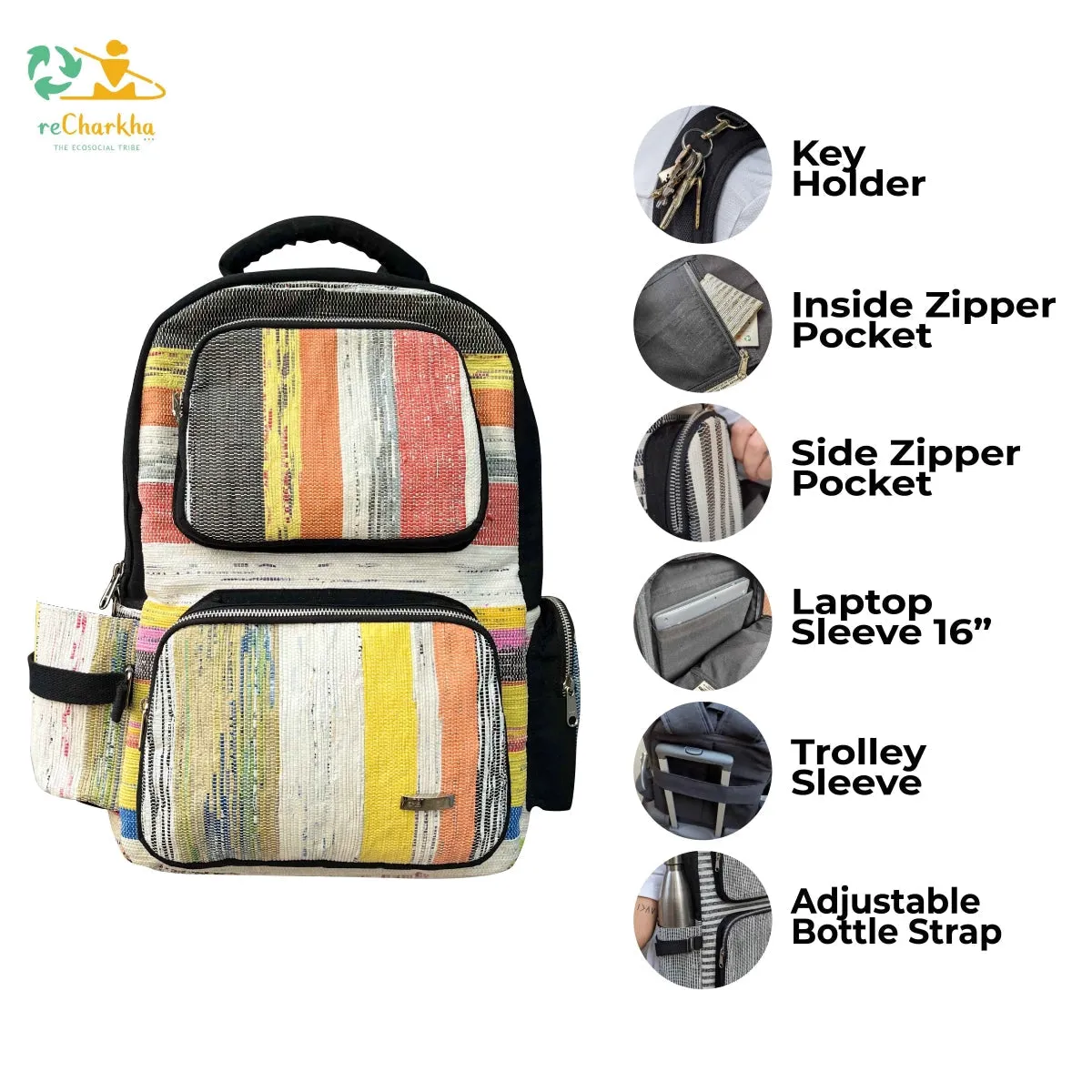 Multicolored Shimmery Upcycled Handwoven Commuter Backpack (CBP0624-004) PS_W