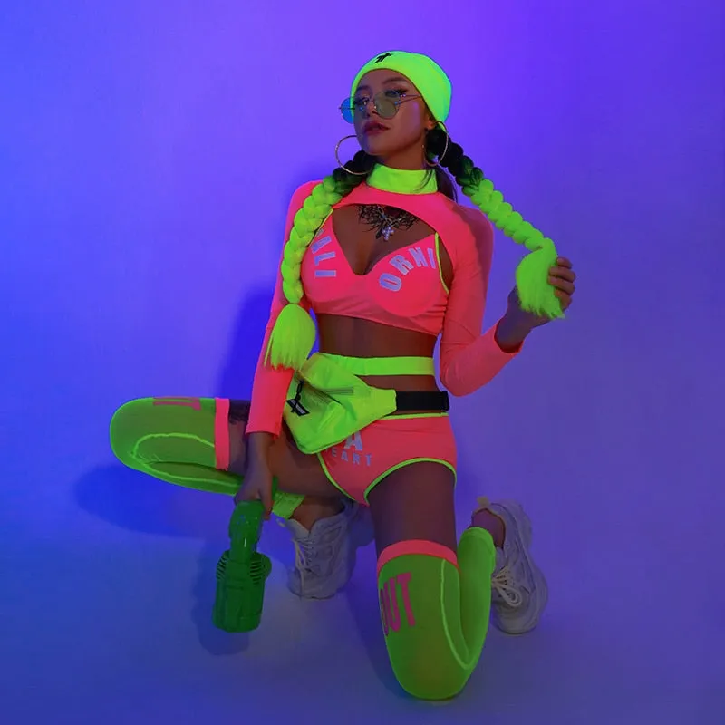 Neon Cheerleader Costume Rave Set with Accessories