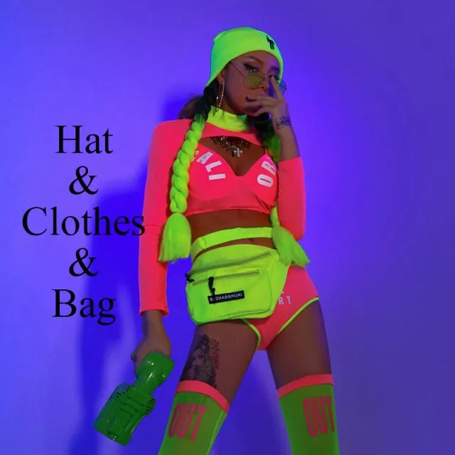 Neon Cheerleader Costume Rave Set with Accessories