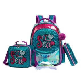 (NET) Eazy Kids-17inch School Bag Lunch Bag Pencil Case Set Of 3 Mermaid Sea - Green / 11505-3