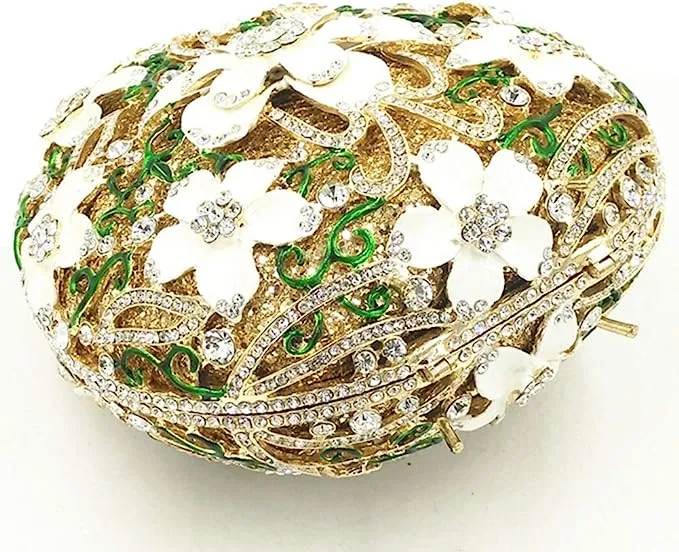 Oval White Floral Rhinestone Evening Bag