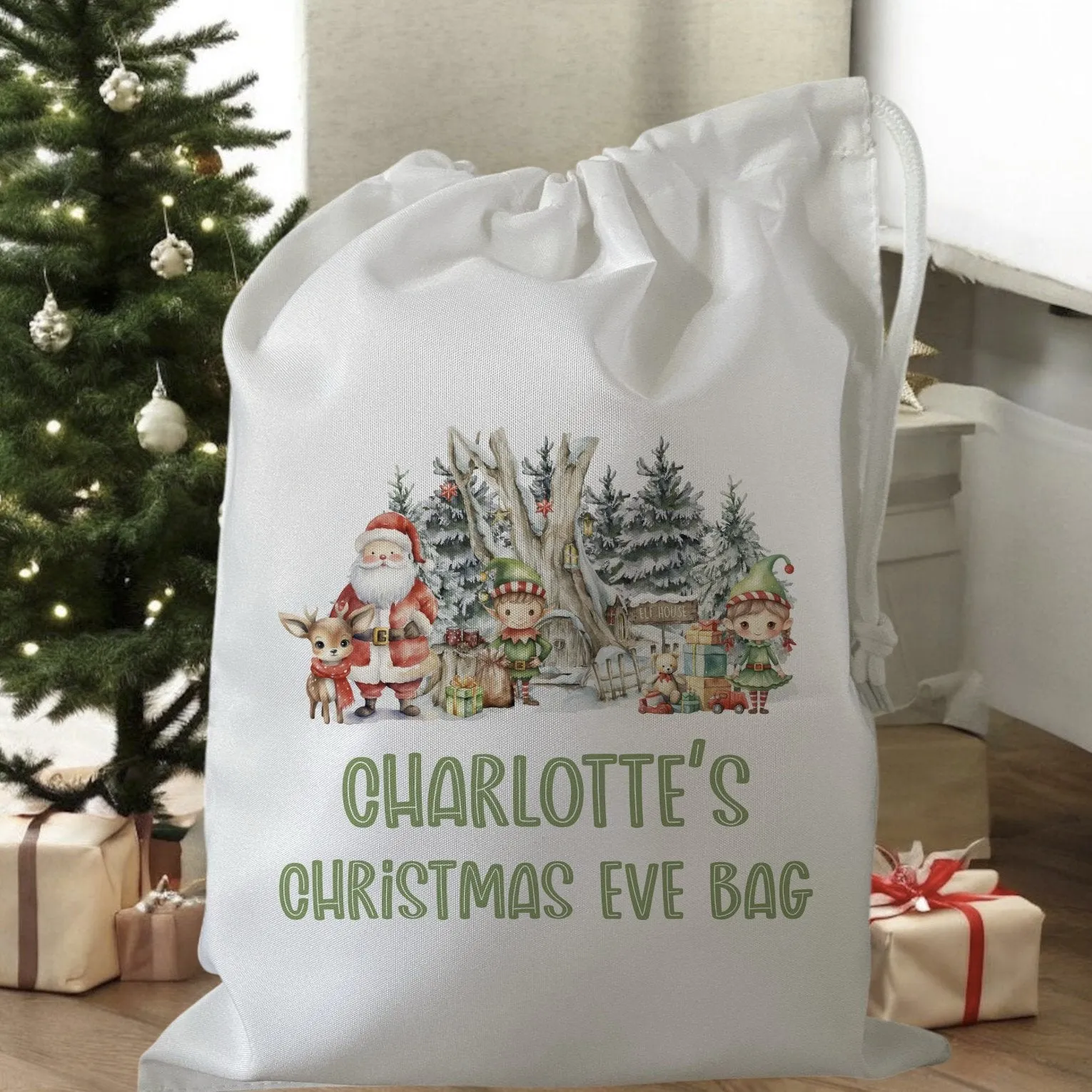 Peronalised Christmas Eve Treat Bag - Santa Woodland Animals