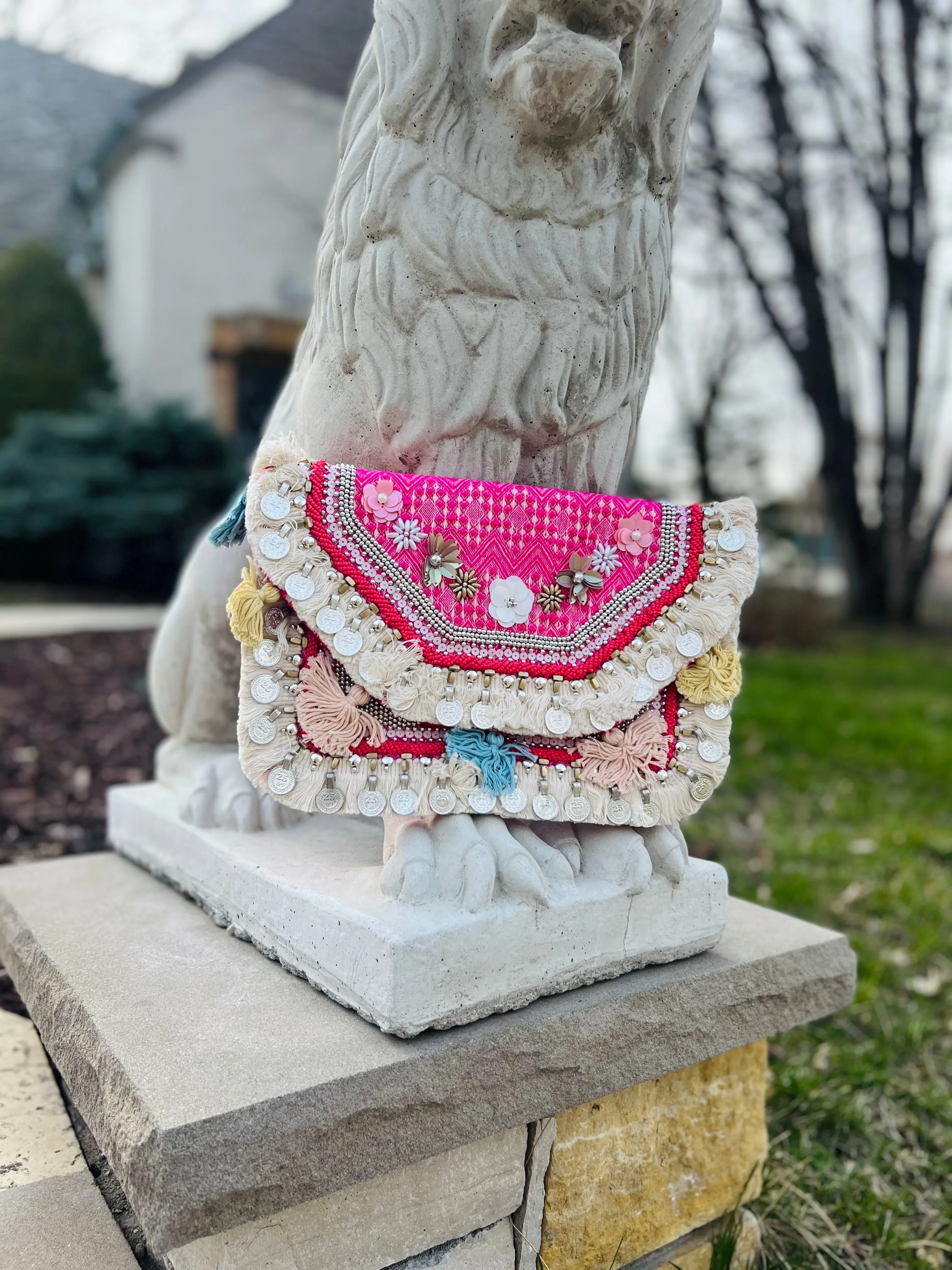 Pink Embroidered Clutch with Coins