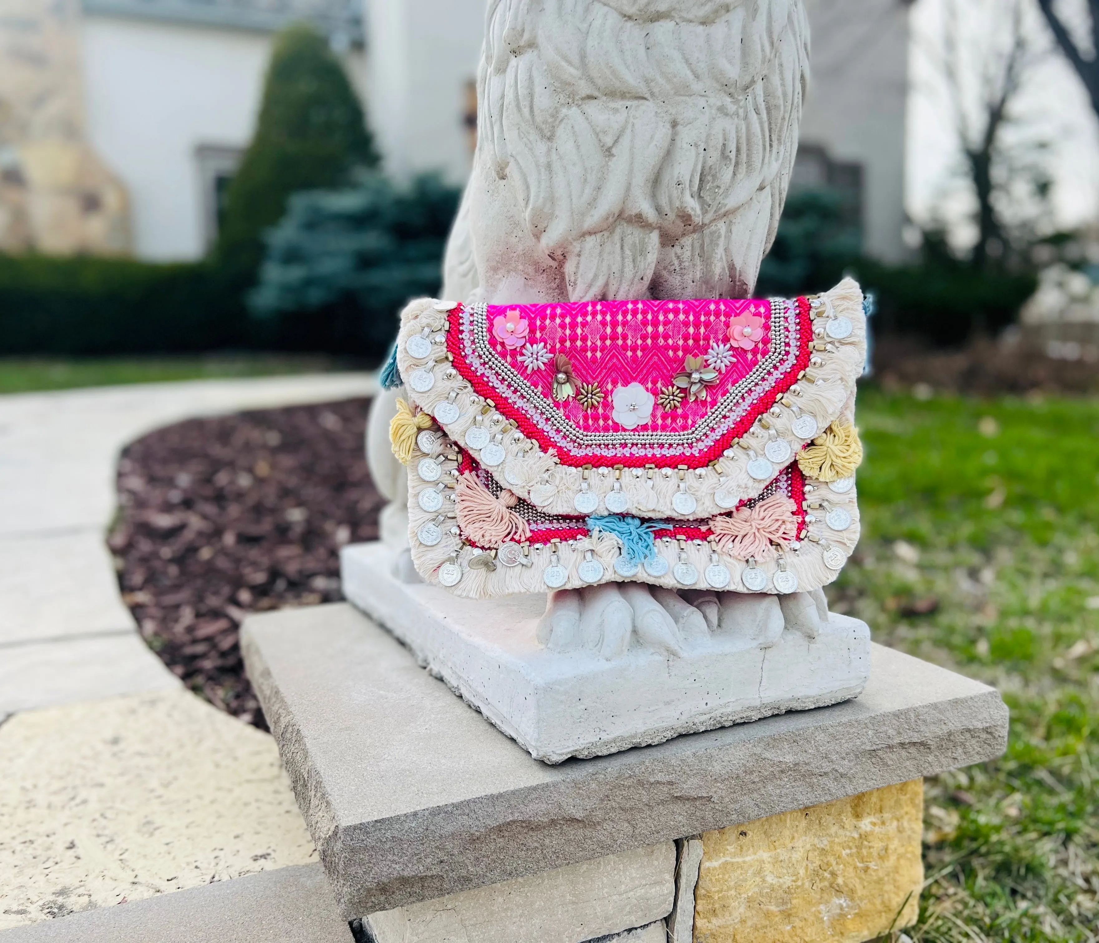 Pink Embroidered Clutch with Coins