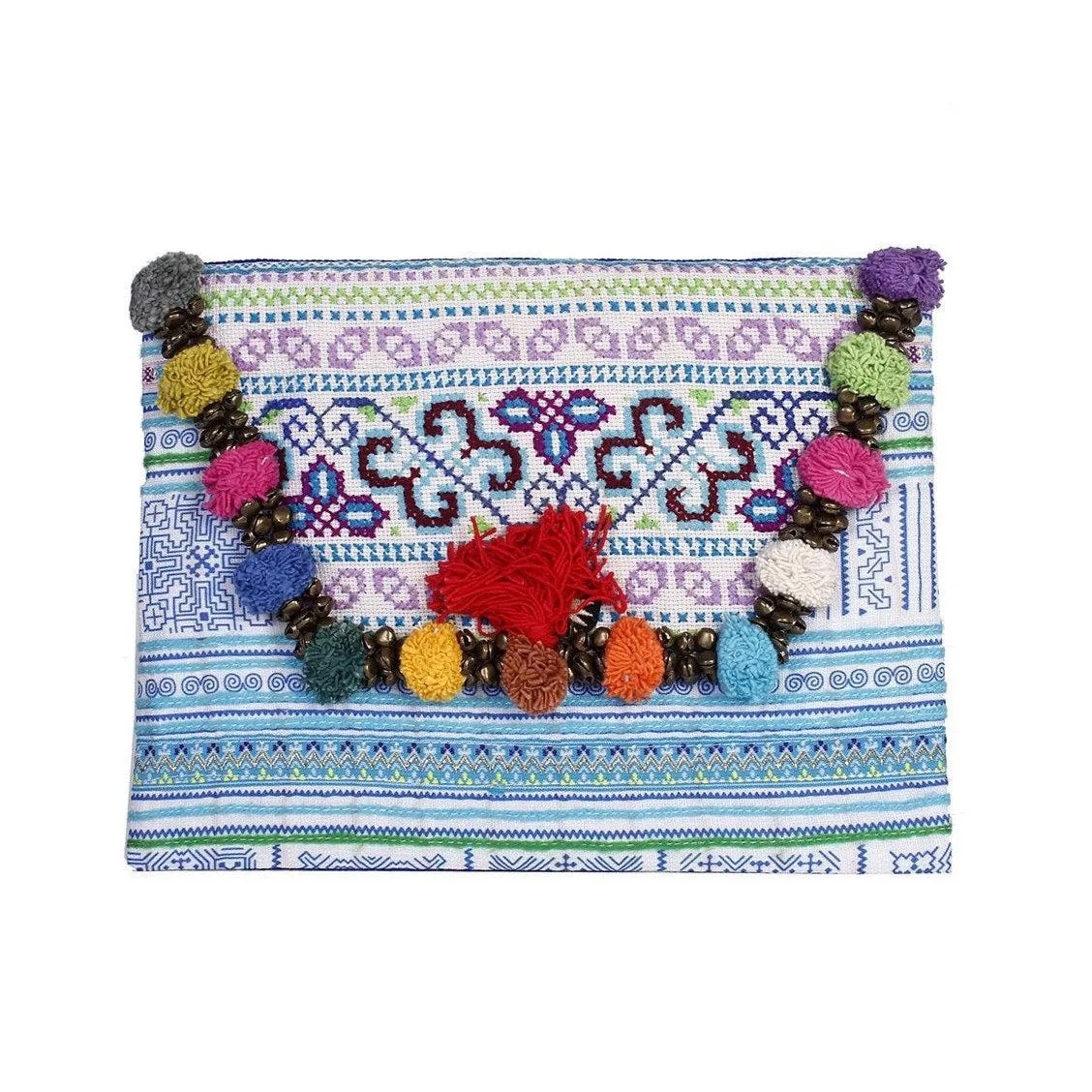 Repurposed Pom Poms and Bells Vintage Hmong Clutch - Thailand