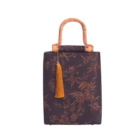 Retro Chinese Style Bamboo and Plum Print Handmade Wooden Handle Tote Bag