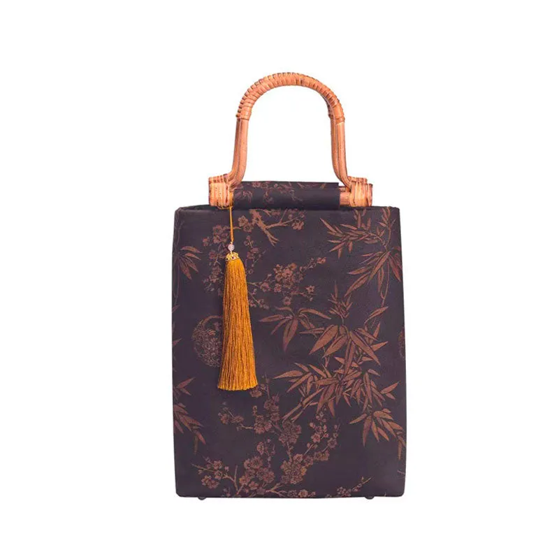 Retro Chinese Style Bamboo and Plum Print Handmade Wooden Handle Tote Bag