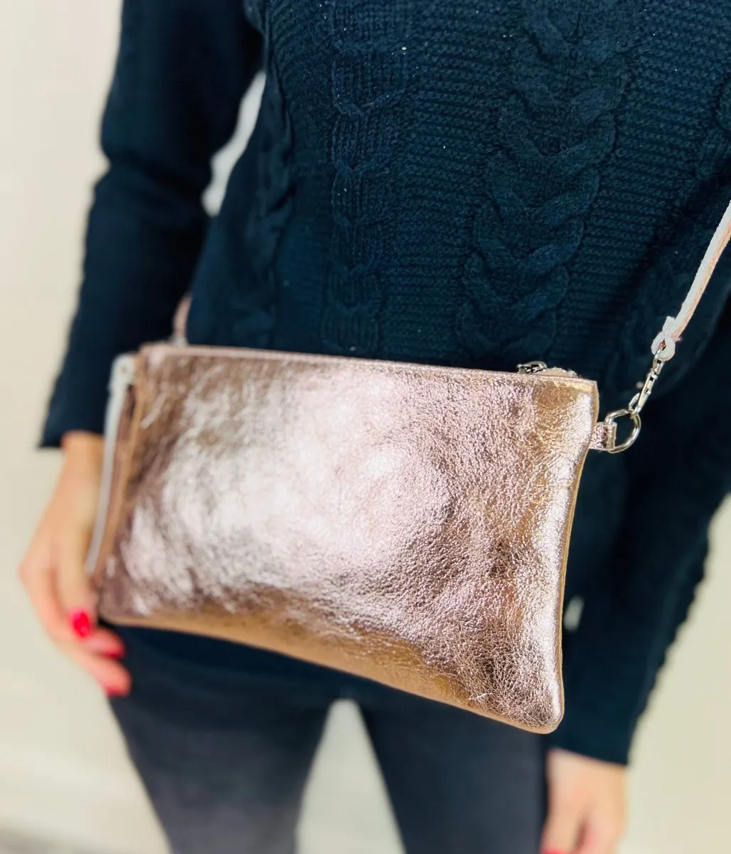 Rose Gold Metallic Leather Clutch Bag