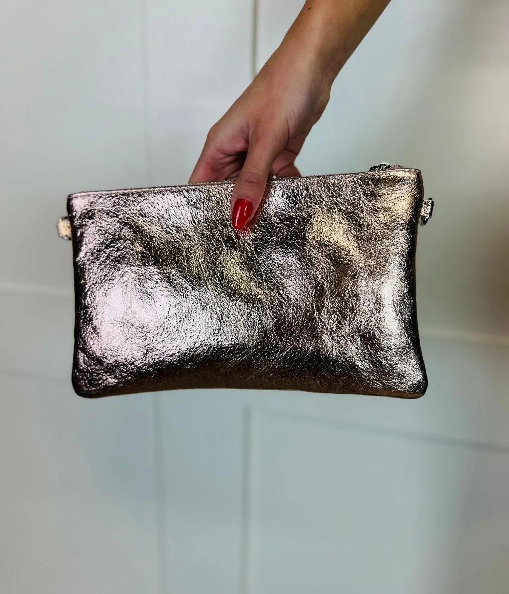 Rose Gold Metallic Leather Clutch Bag