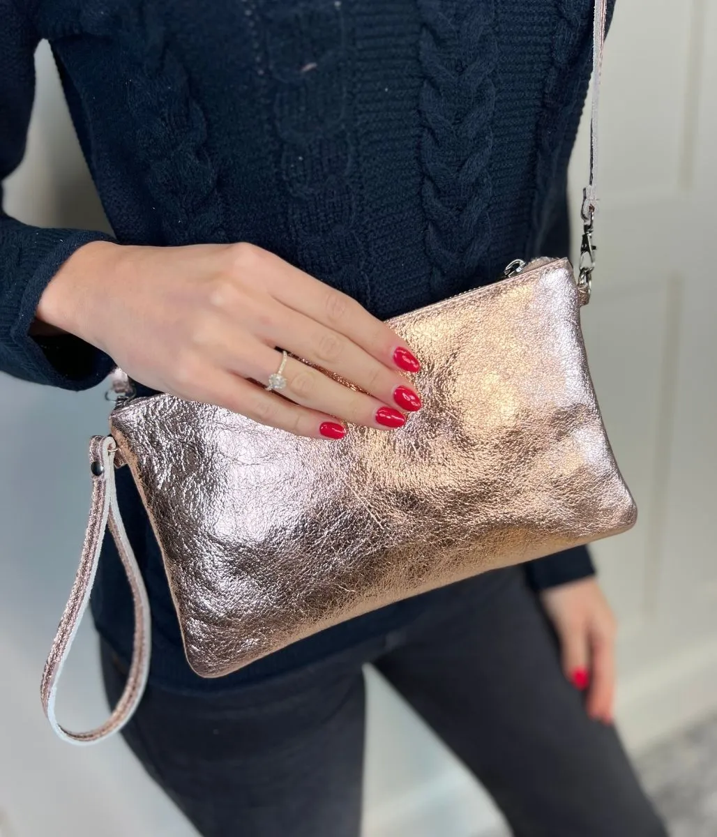 Rose Gold Metallic Leather Clutch Bag