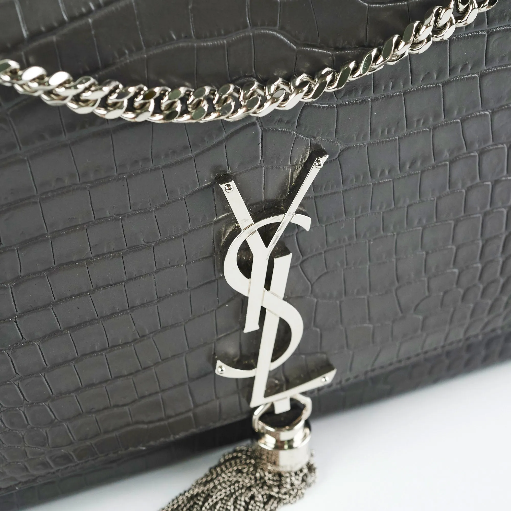 Saint Laurent Medium Kate Grey Croc Embossed Bag