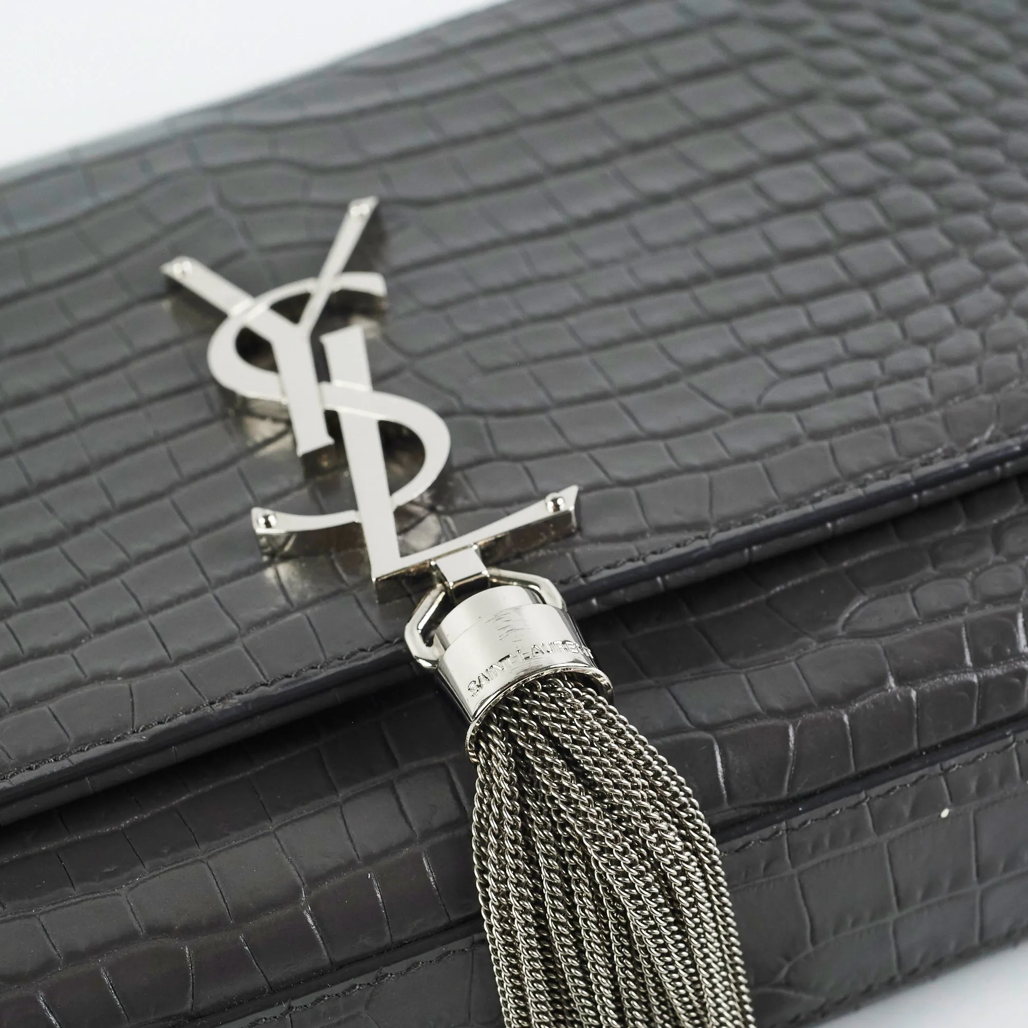 Saint Laurent Medium Kate Grey Croc Embossed Bag