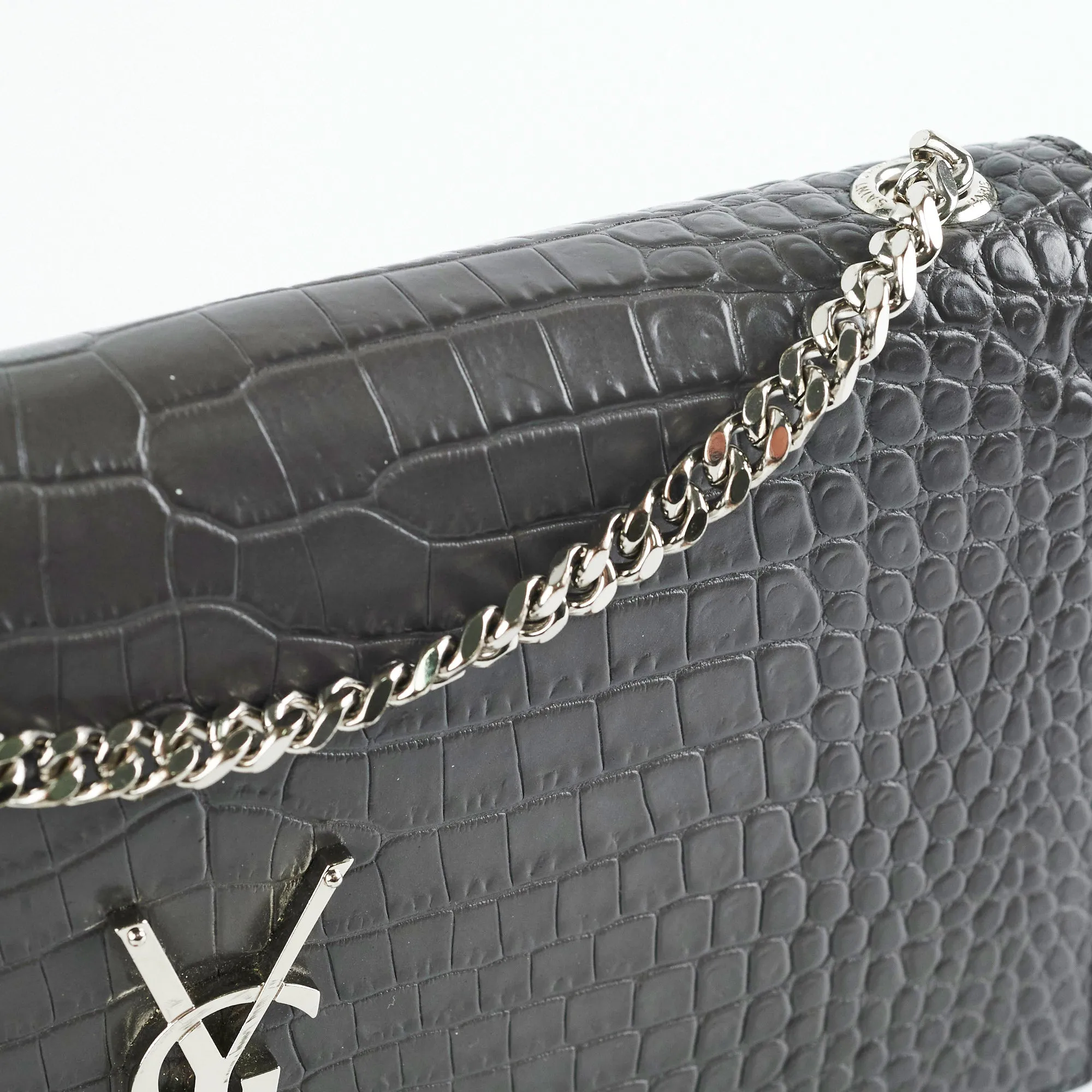 Saint Laurent Medium Kate Grey Croc Embossed Bag