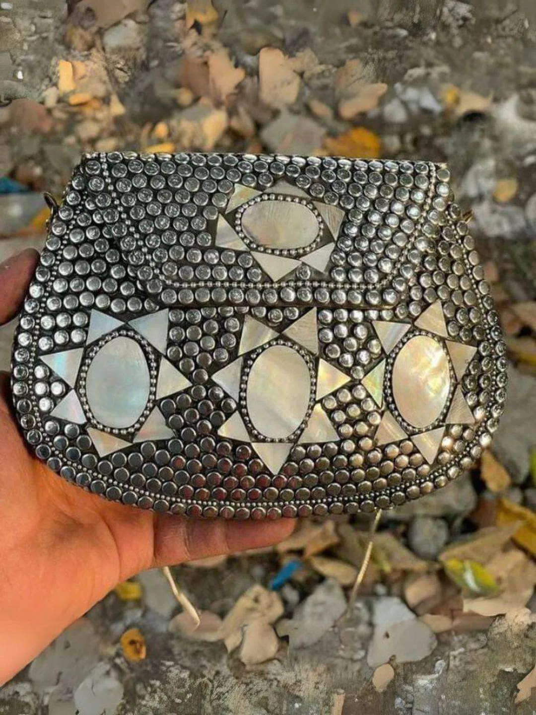 Silver And White Mosaic Embellished Metal Clutch