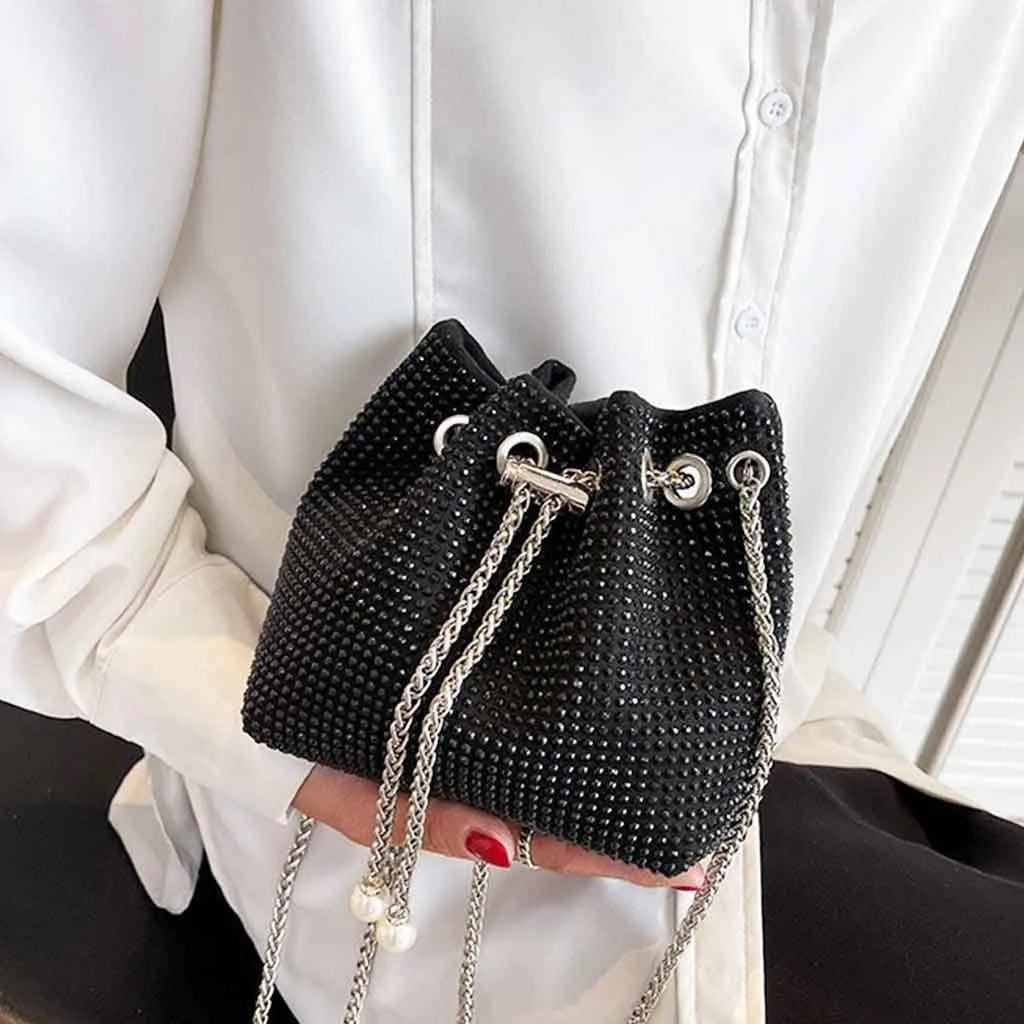 The Thea Rhinestone Crossbody Bucket Bag in black