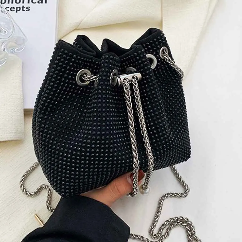 The Thea Rhinestone Crossbody Bucket Bag in black