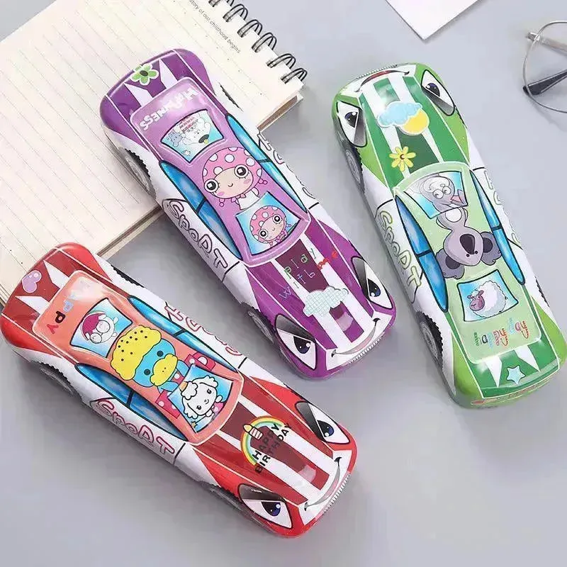 Tinplate Car Trolley Double-layer Stationery Box Racing Shape Pencil Case Cartoon Pattern Pencil Case