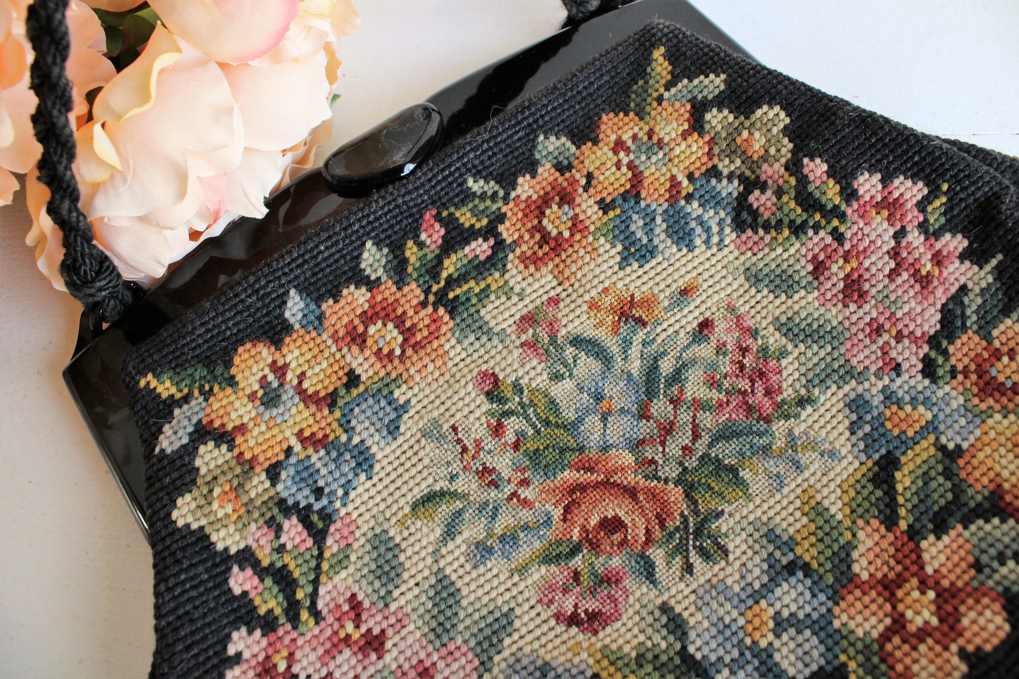 Vintage 1950s Black Tapestry Bag