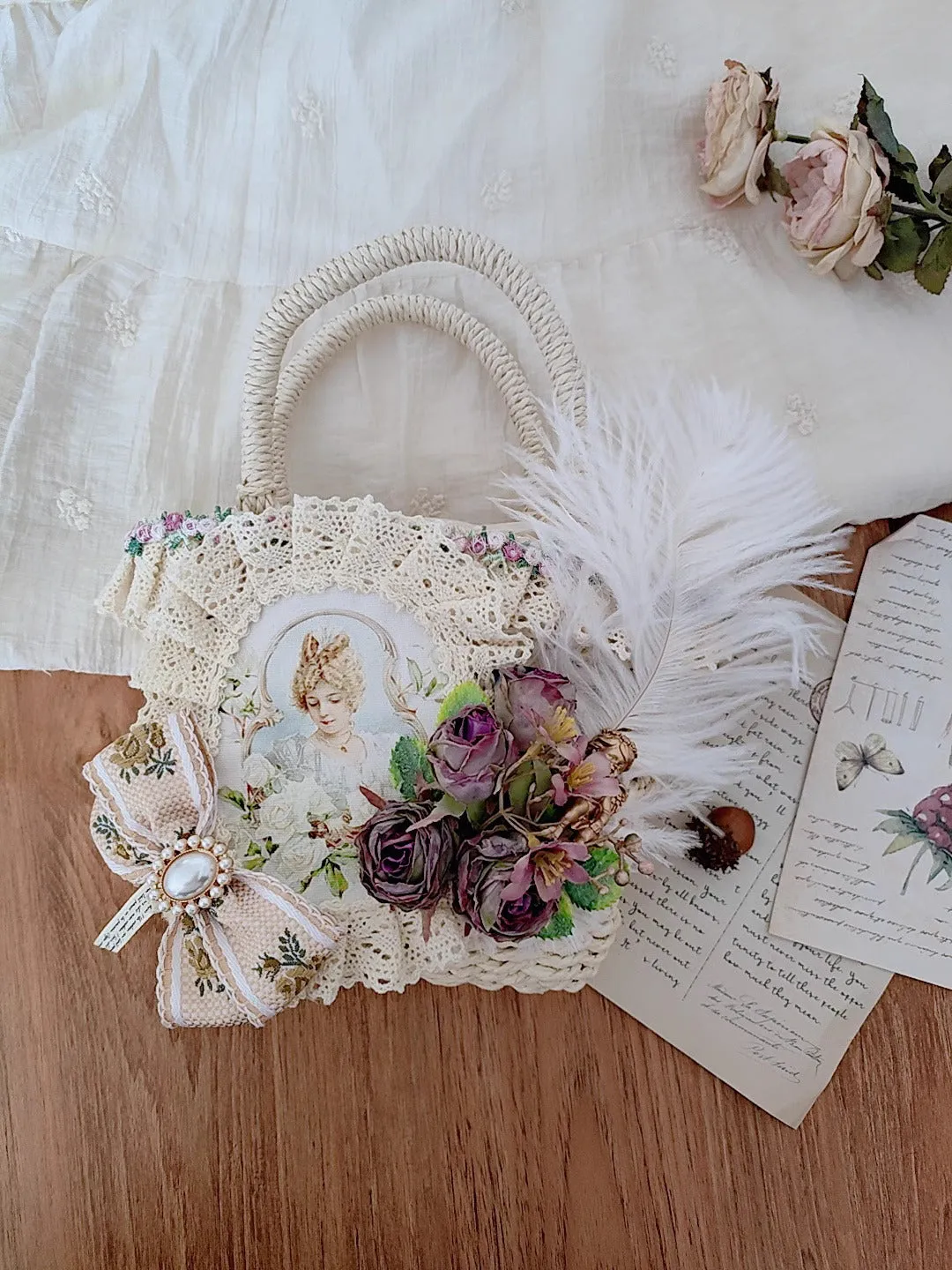 Vintage Coquette Embellished Rose Straw Bag