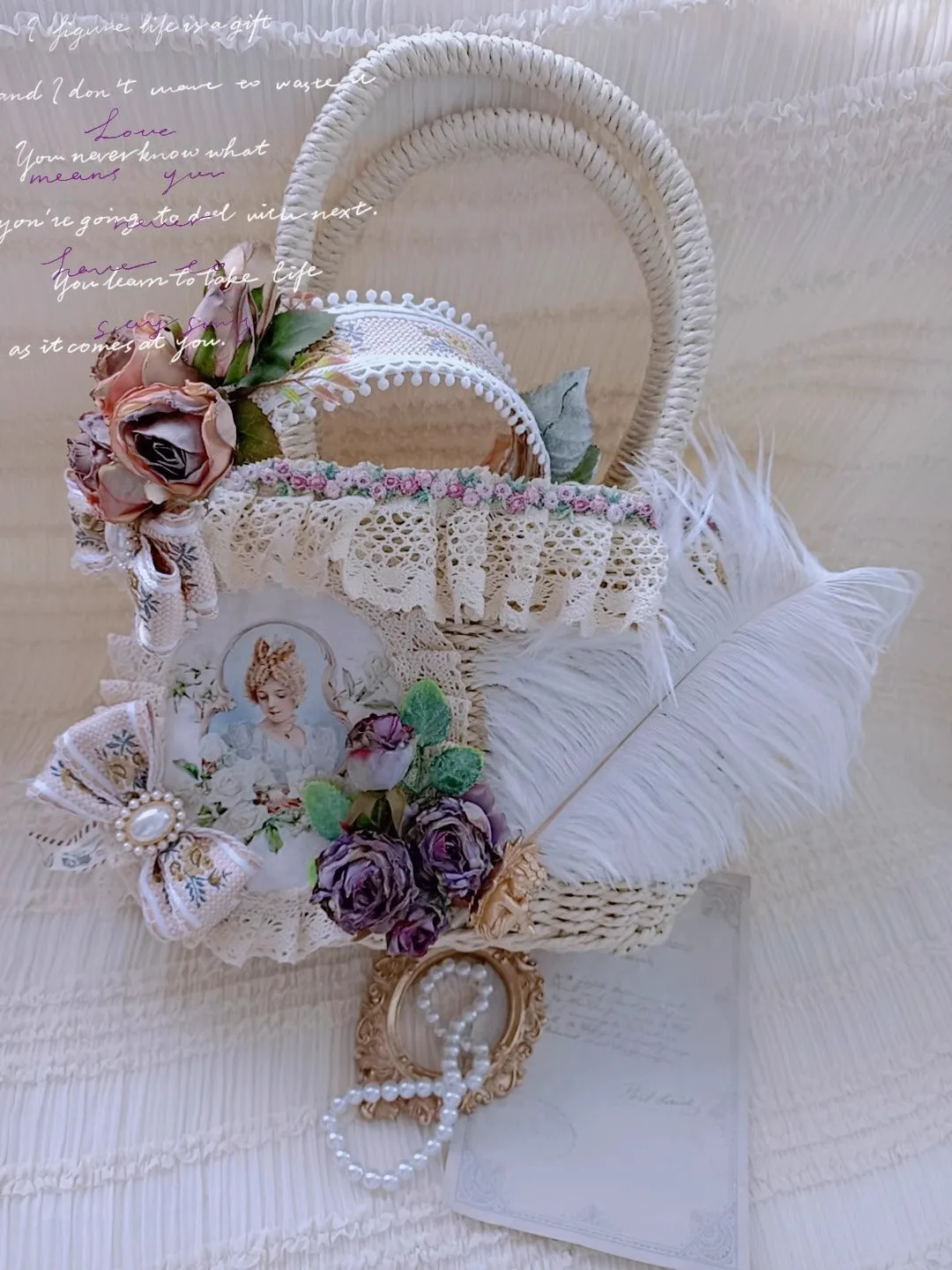 Vintage Coquette Embellished Rose Straw Bag