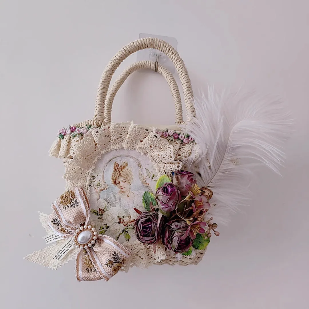 Vintage Coquette Embellished Rose Straw Bag