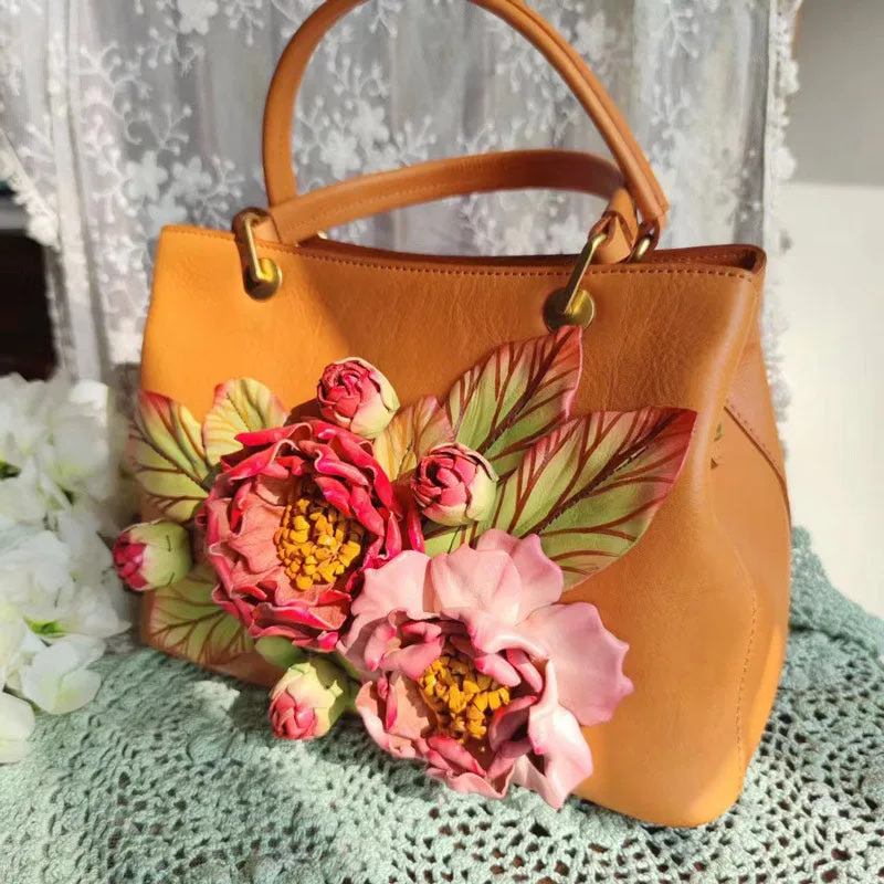 Vintage Handmade Three-Dimensional Peony Flower Handbag for Women