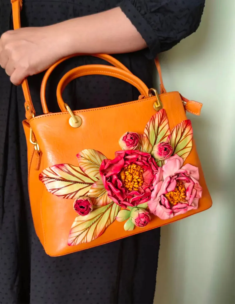 Vintage Handmade Three-Dimensional Peony Flower Handbag for Women