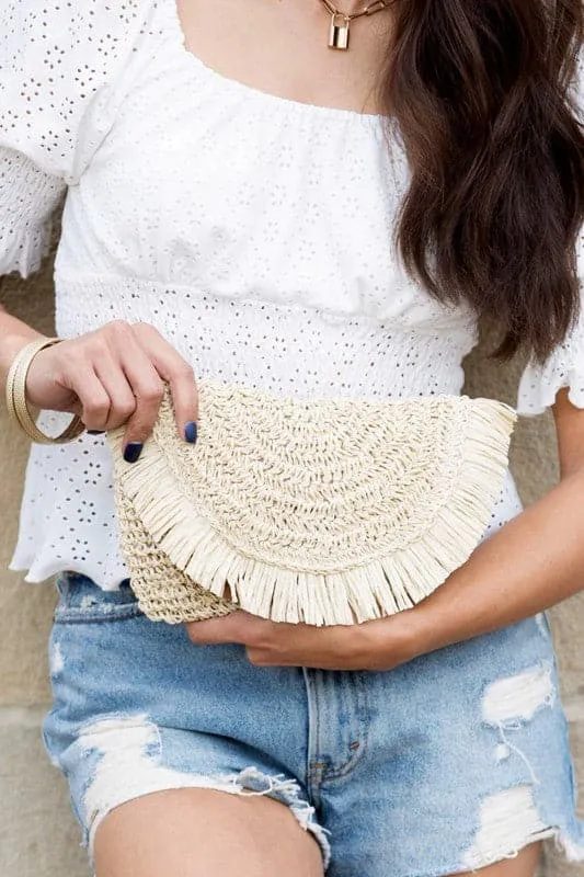 Whimsy Straw Clutch With Frayed Fold-Over