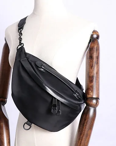 Womens Black Nylon Leather Fanny Pack Nylon Chest Bag Womens Hip Bag Waist Bag For Women