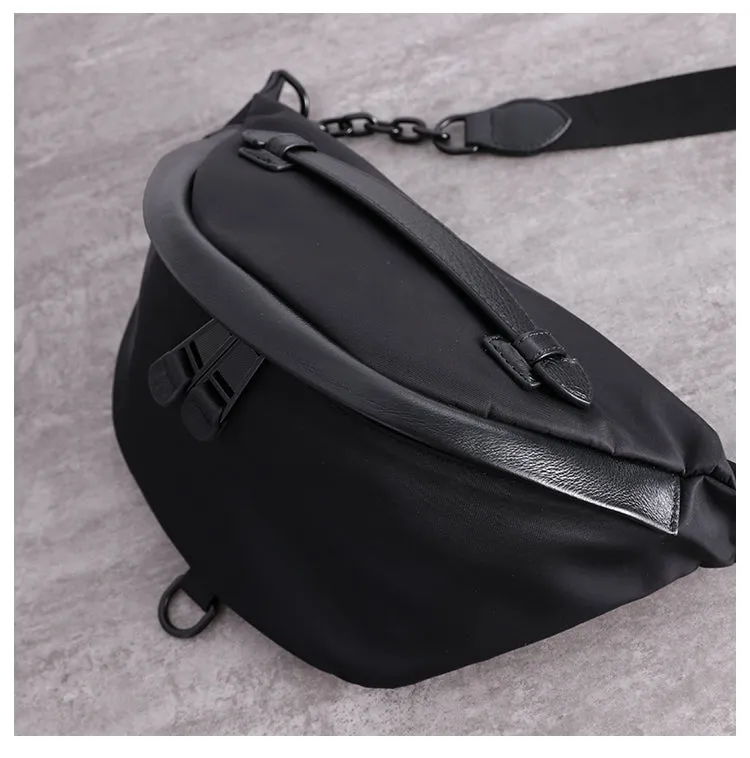 Womens Black Nylon Leather Fanny Pack Nylon Chest Bag Womens Hip Bag Waist Bag For Women