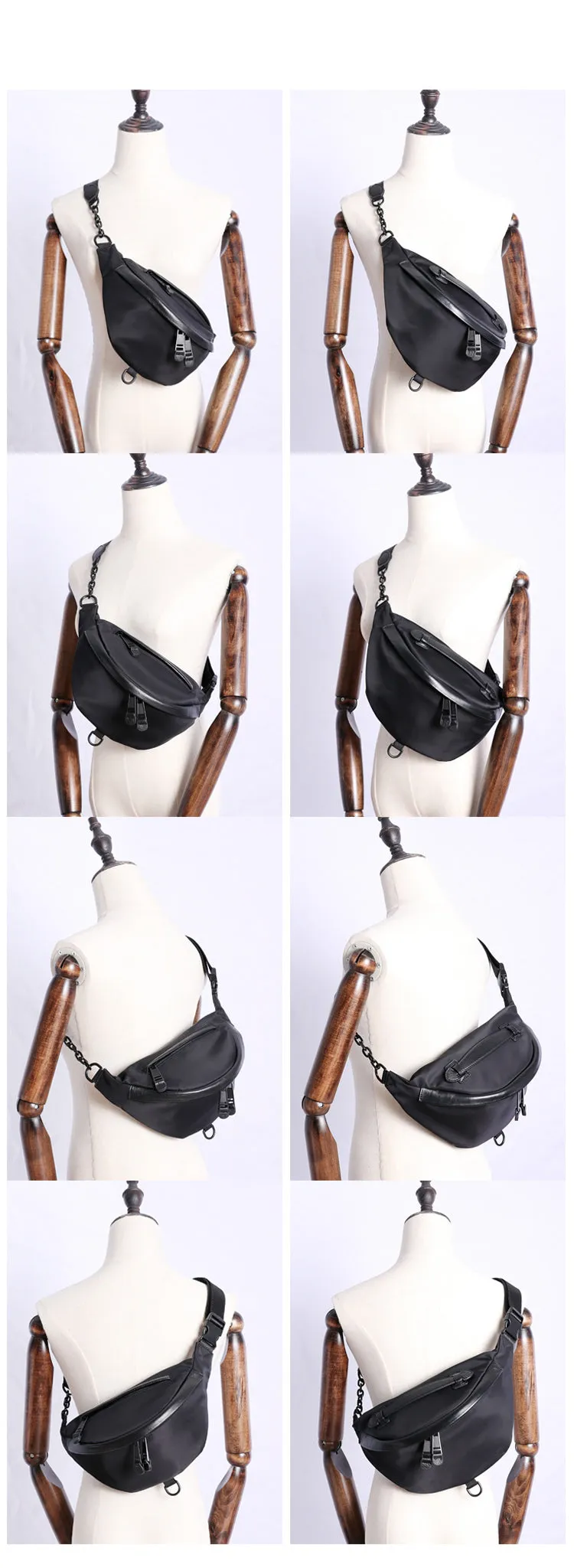 Womens Black Nylon Leather Fanny Pack Nylon Chest Bag Womens Hip Bag Waist Bag For Women