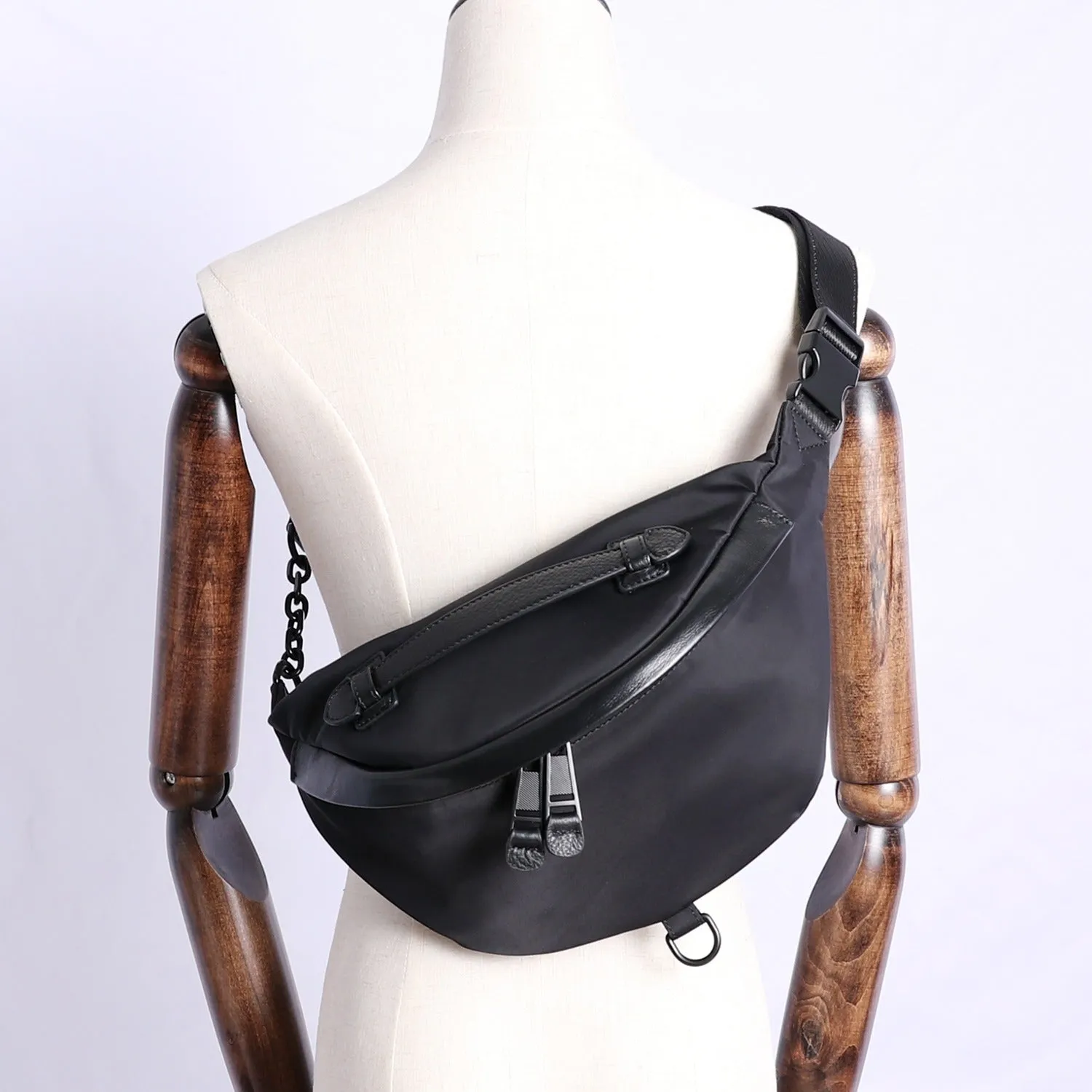 Womens Black Nylon Leather Fanny Pack Nylon Chest Bag Womens Hip Bag Waist Bag For Women